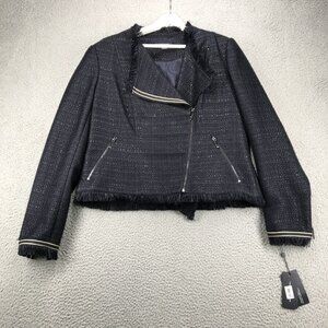 TOMMY HILFIGER Jacket Size 14‎ Navy Blue Fringe Woven Knit Tweed Moto Style NEW